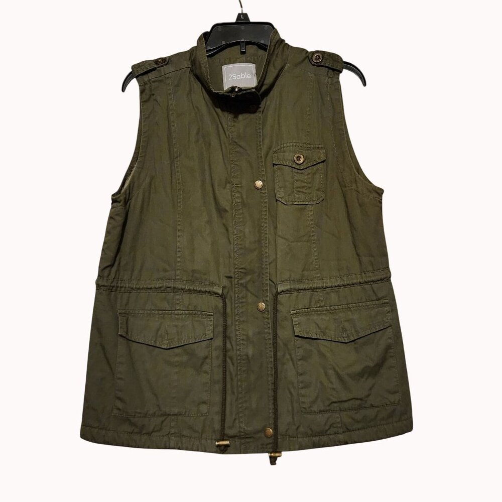 Olive Green Utility Vest With Faux Fur Lining Large Full-Zip Front 2Sable